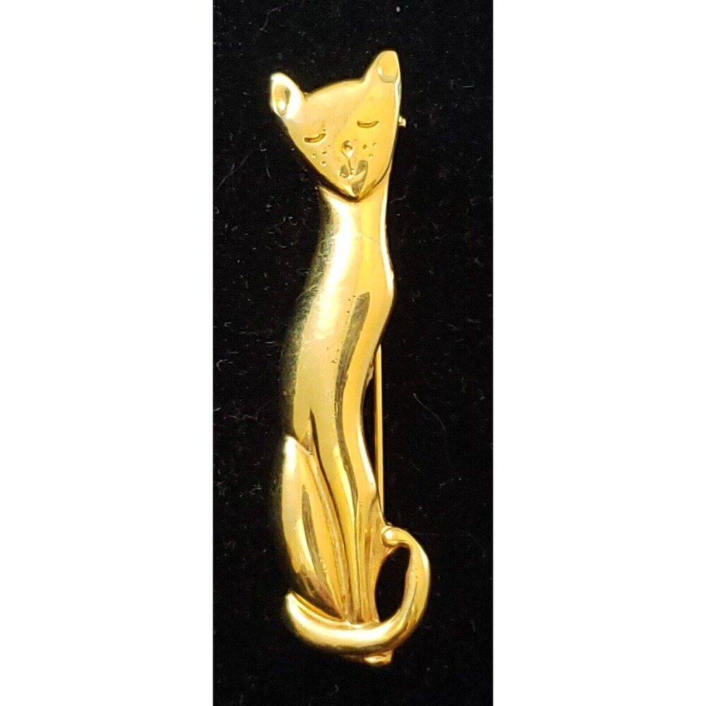 Unsigned Gold Tone Sitting Cat Pin/Brooch, Minimal/Mid Century Modern Style
